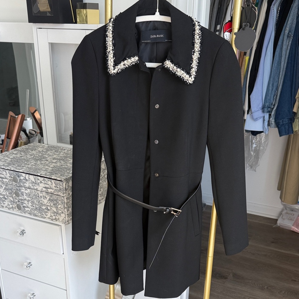 Zara Black Trench Coat with Embellished Collar